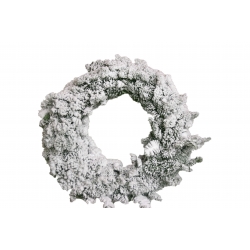 A fluffy white wreath adorned with frosted pine-like foliage, evoking a wintery feel.