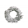 A fluffy white wreath adorned with frosted pine-like foliage, evoking a wintery feel.