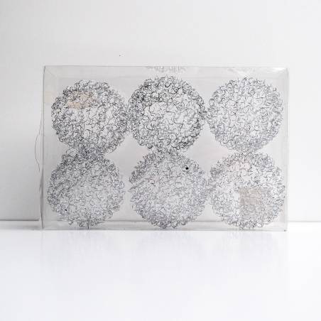 Six round, intricate wire shapes arranged in a clear rectangular box on a white background.