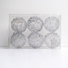 Six round, intricate wire shapes arranged in a clear rectangular box on a white background.