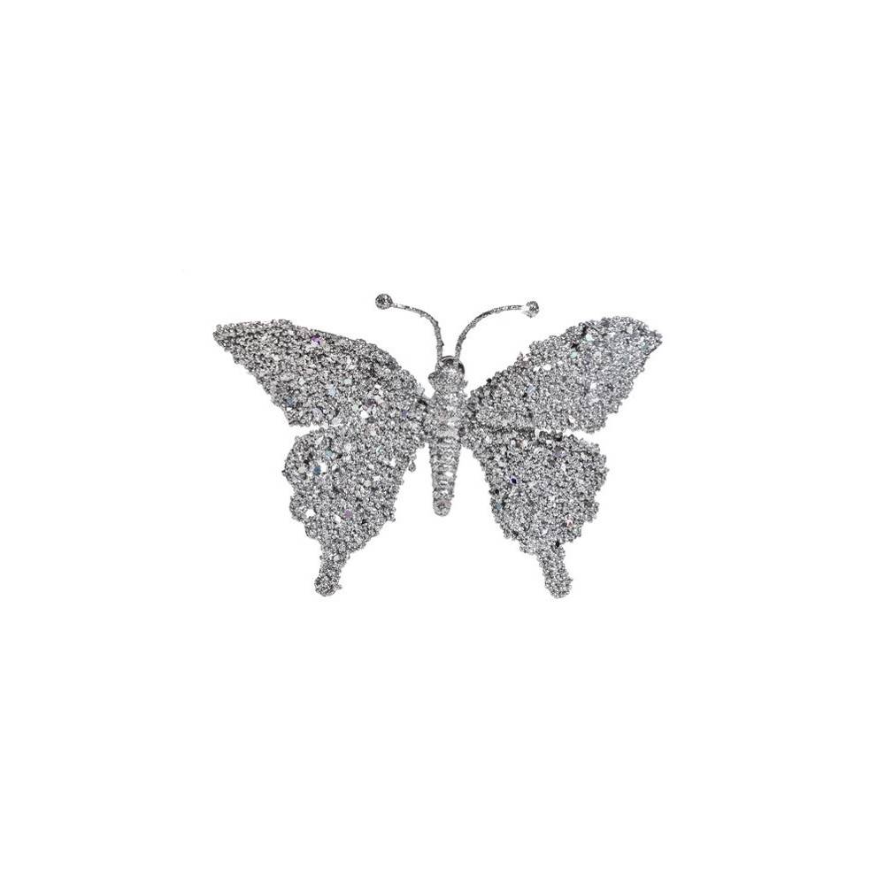 A shimmering silver butterfly embellished with sparkling crystals.