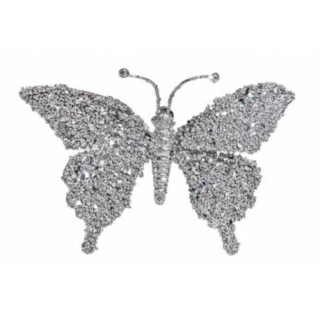 A shimmering silver butterfly embellished with sparkling crystals.