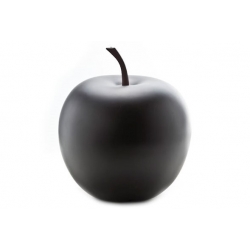 A smooth, matte black apple with a slender brown stem.