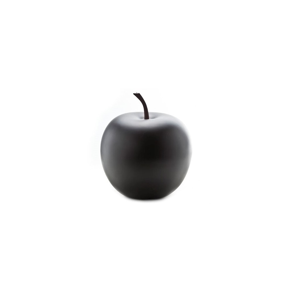 A smooth, matte black apple with a slender brown stem.