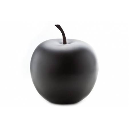 A smooth, matte black apple with a slender brown stem. A smooth, matte black apple with a slender brown stem.