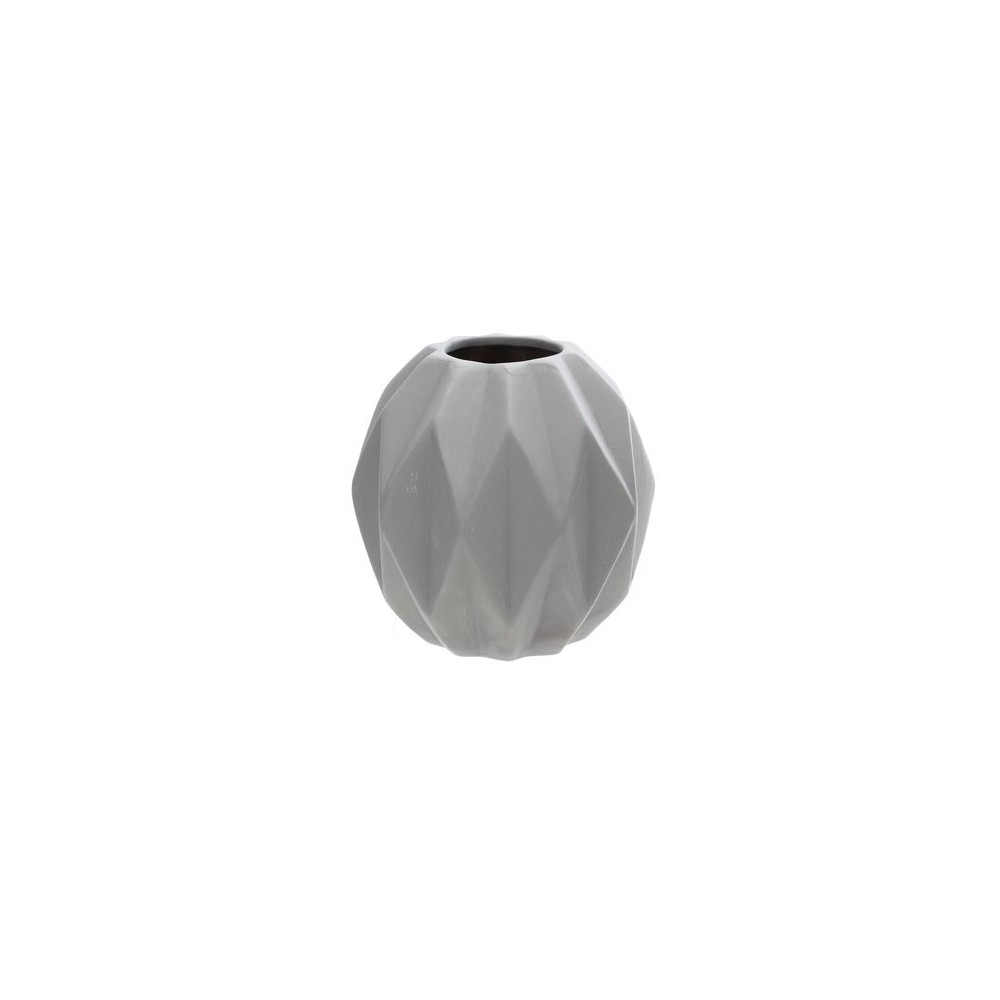 A textured, geometric vase in soft gray with angular facets and a rounded shape.