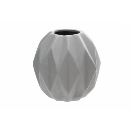 A textured, geometric vase in soft gray with angular facets and a rounded shape. A textured, geometric vase in soft gray with angular facets and a rounded shape.