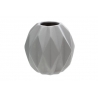 A textured, geometric vase in soft gray with angular facets and a rounded shape.