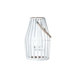 A white, wire lantern with a wooden top and a woven handle, offering a modern, airy design.