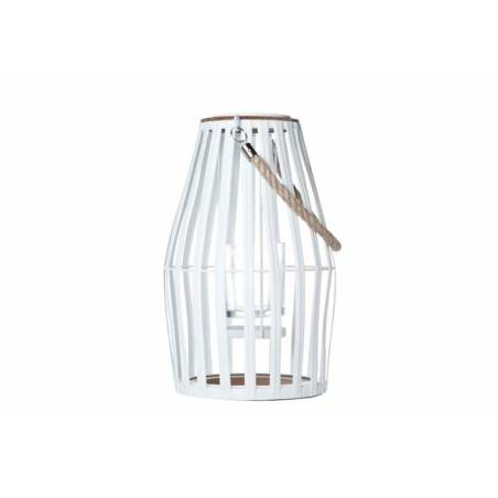 Een witte lantaarn van gaas met een houten hengsel en open ontwerp voor sfeervolle verlichting.