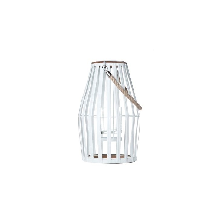 Een witte lantaarn van gaas met een houten hengsel en open ontwerp voor sfeervolle verlichting.