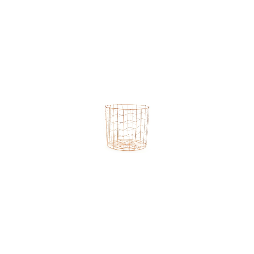 A slender, rose gold wire basket with a wavy design and open structure.