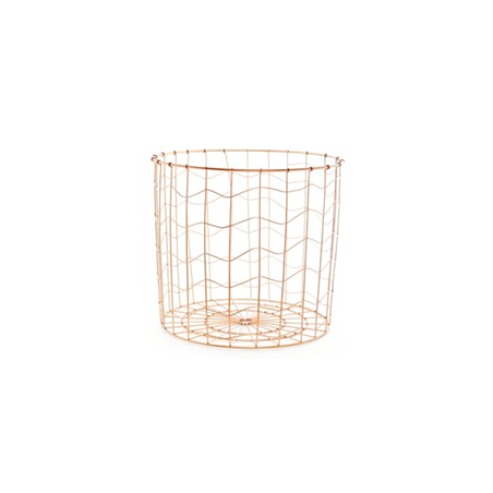A slender, rose gold wire basket with a wavy design and open structure. A slender, rose gold wire basket with a wavy design and open structure.