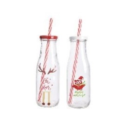 Twee glazen flessen met feestelijke print en vrolijke rietjes in rood-wit.