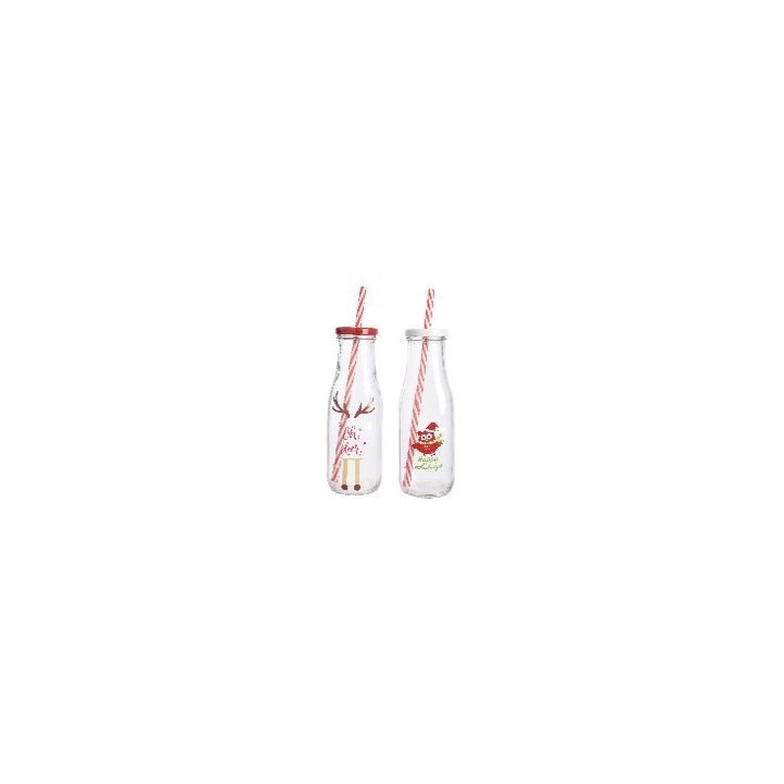 Twee glazen flessen met feestelijke print en vrolijke rietjes in rood-wit.