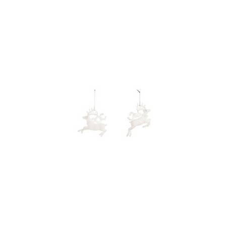 Two delicate, white reindeer ornaments suspended by thin strings, exuding a festive charm.