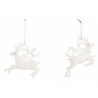 Two delicate, white reindeer ornaments suspended by thin strings, exuding a festive charm.