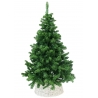A lush green artificial Christmas tree in a white woven basket.