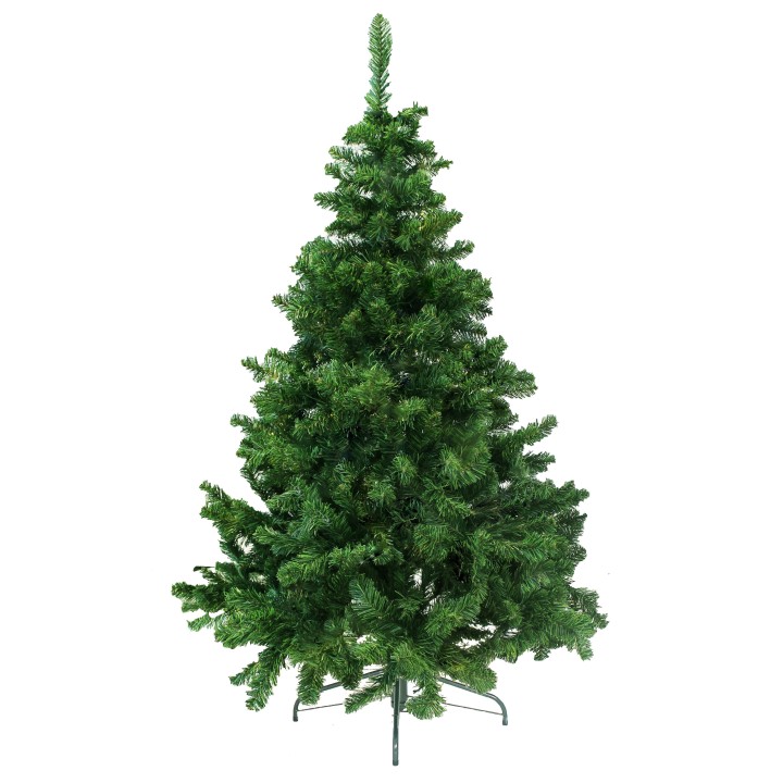 Groene kunstkerstboom met volle takken, rechtopstaand op een metalen standaard.