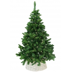 A lush green artificial Christmas tree adorned with warm white lights in a woven basket.