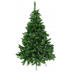 Groene kunstkerstboom met verlichting, vol takken en een puntige top.