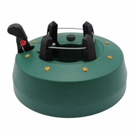 Groene kerstboomstandaard met zwarte klemmen en gouden sterretjes rondom.