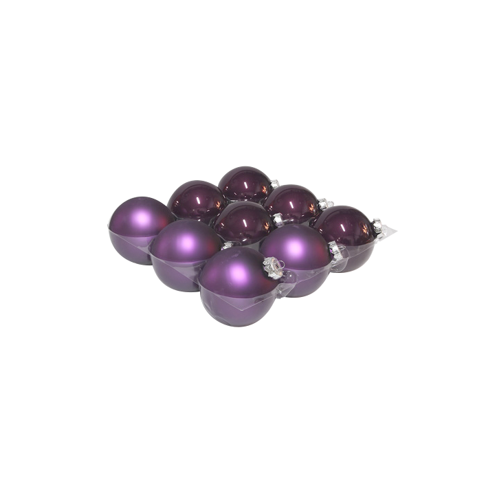 A cluster of shiny purple ornaments, round and smooth, reflecting light beautifully.
