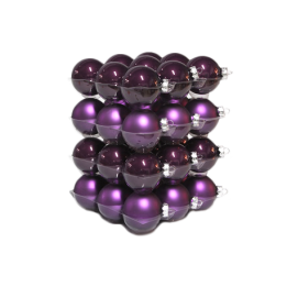 Een stapel glanzende paarse ballen in een geometrische structuur.
