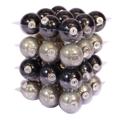 A stack of shiny holiday ornaments in black, silver, and gray hues, arranged in layers.
