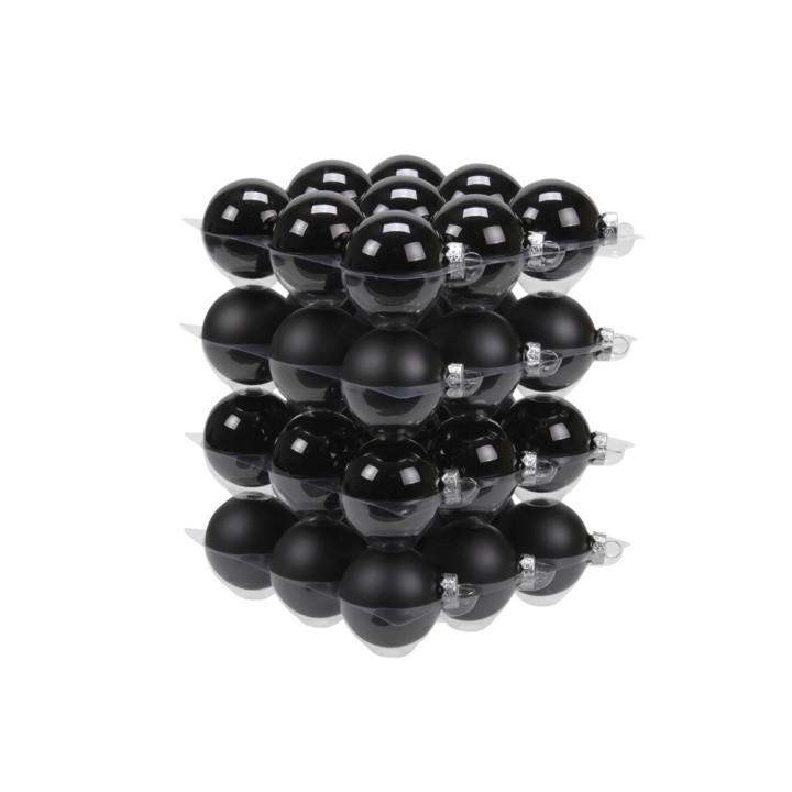Een stapel van glanzende zwarte bollen in een geometrisch patroon, met metalen bevestigingen.