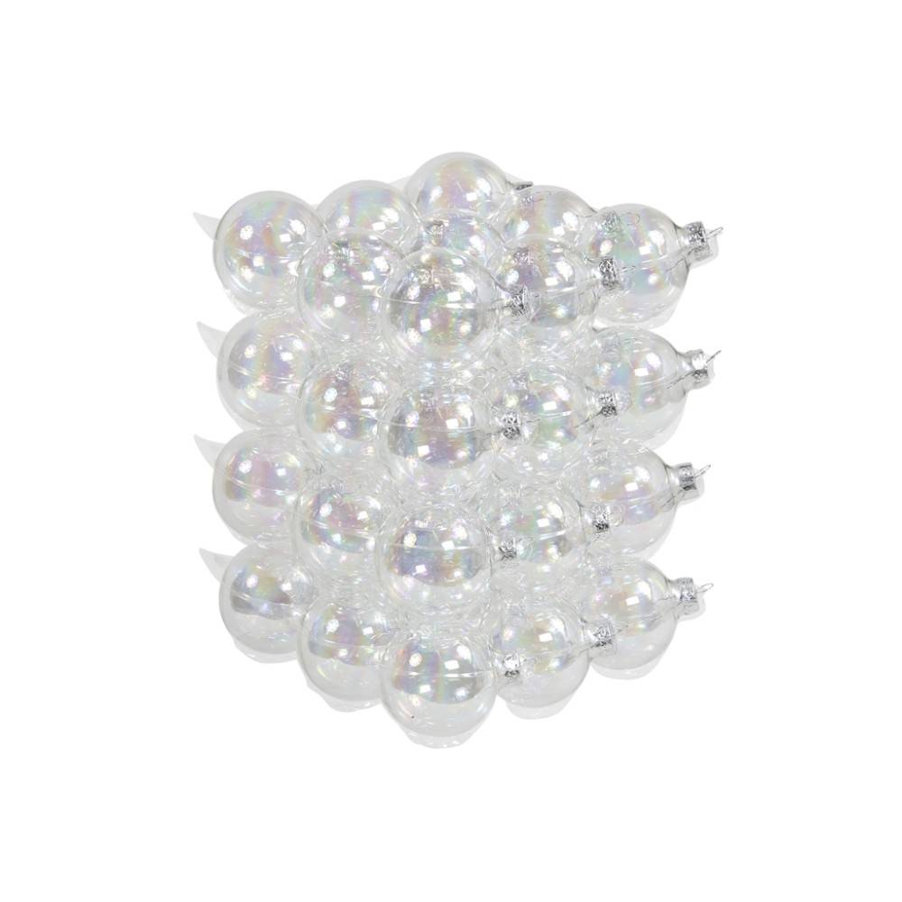 A cluster of shiny, iridescent glass ornaments arranged in a neat grid.