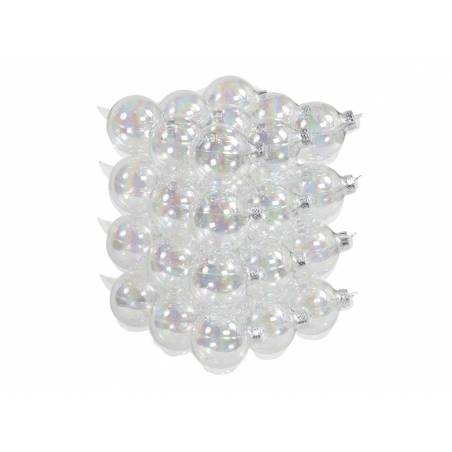 A cluster of shiny, iridescent glass ornaments arranged in a neat grid. A cluster of shiny, iridescent glass ornaments arranged in a neat grid.