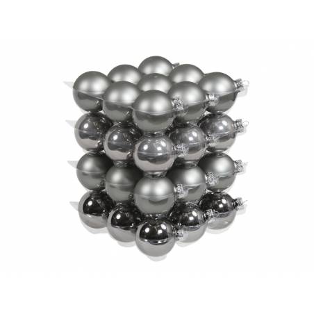 A stack of shiny silver and gray decorative balls with a smooth, reflective surface.