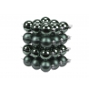 A stack of dark green, glossy Christmas ornaments, round and reflective, arranged neatly.