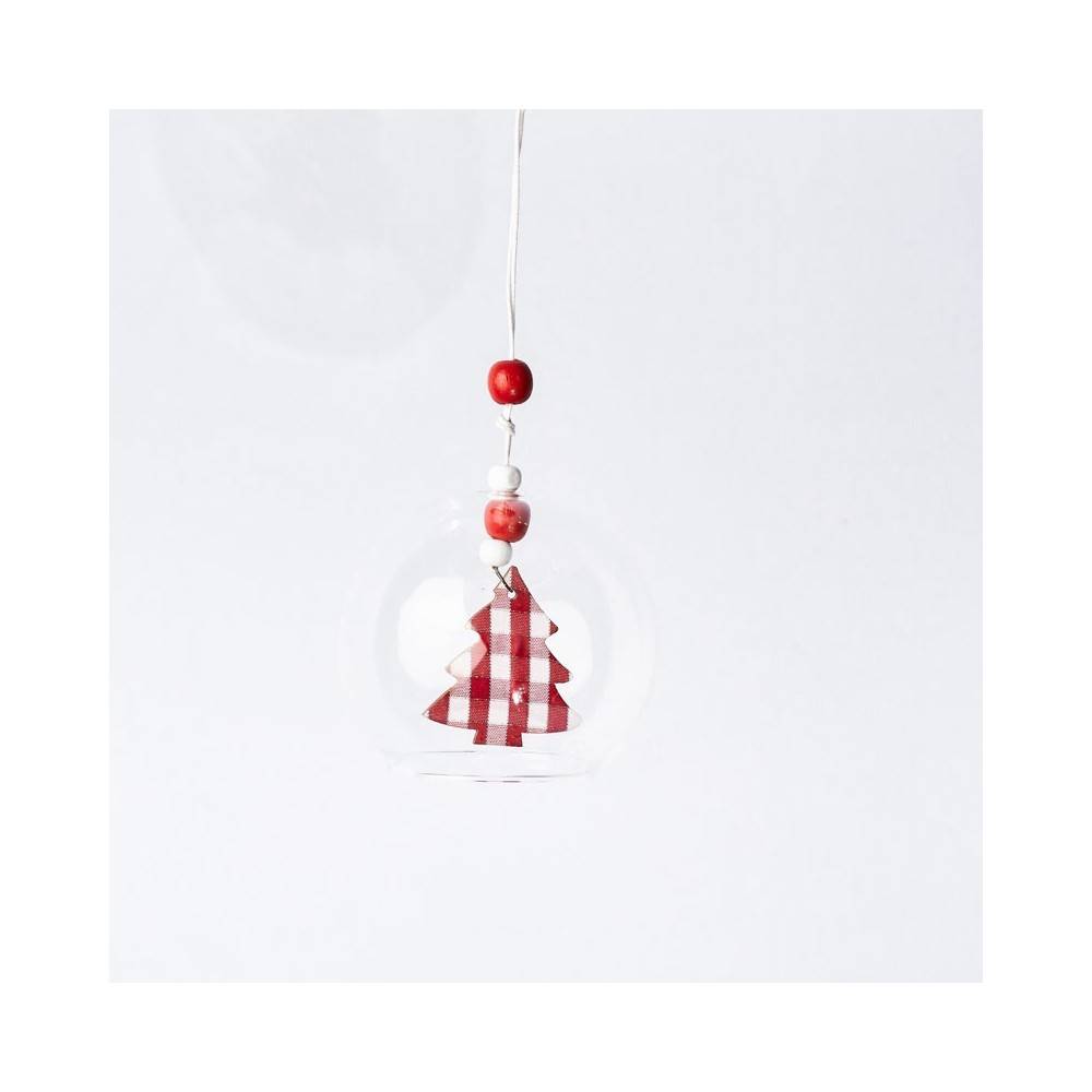 Glazen bol met een rode geblokte kerstboom en kleurrijke kralen aan een touwtje.