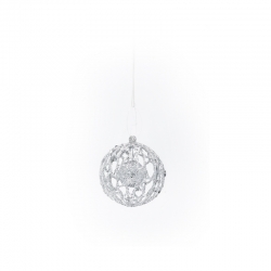 A delicate, intricate silver ornament with a lace-like pattern, suspended against a white backgro...