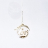 A clear glass ornament with a gold "love" script and a delicate ribbon.