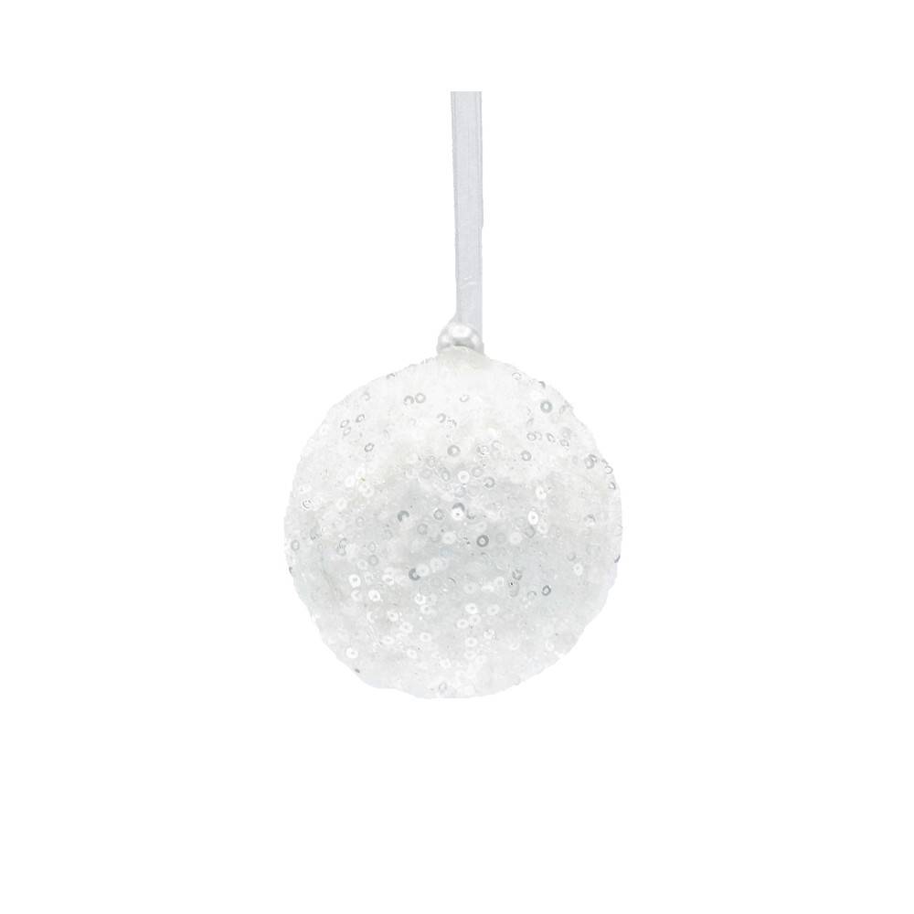 A shimmering white ball covered in sparkling sequins, suspended by a thin ribbon.