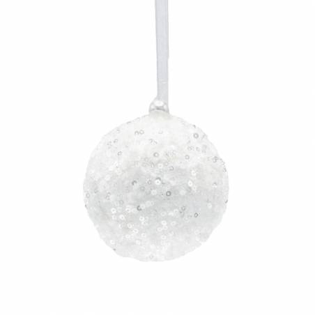 A shimmering white ball covered in sparkling sequins, suspended by a thin ribbon.
