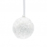 A shimmering white ball covered in sparkling sequins, suspended by a thin ribbon.