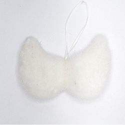 A soft, white, butterfly-shaped decoration with a hanging loop.