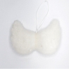 A soft, white, butterfly-shaped decoration with a hanging loop.