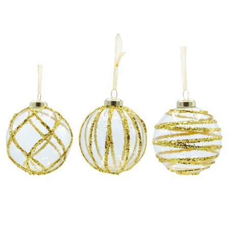 Three shimmering glass ornaments decorated with gold glitter and elegant patterns.