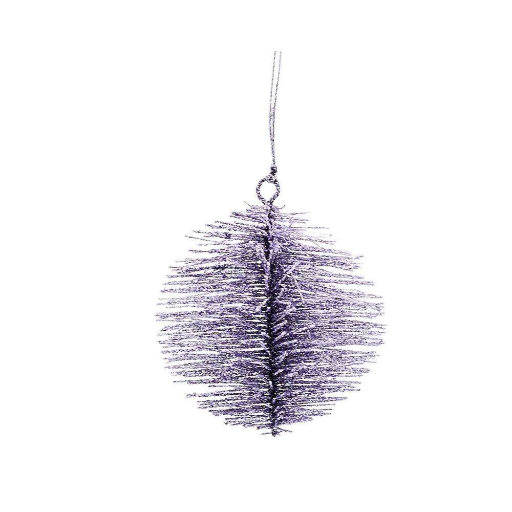 A shimmering, purple ornament shaped like a fluffy oval, hanging with a delicate loop.