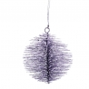 A shimmering, purple ornament shaped like a fluffy oval, hanging with a delicate loop.