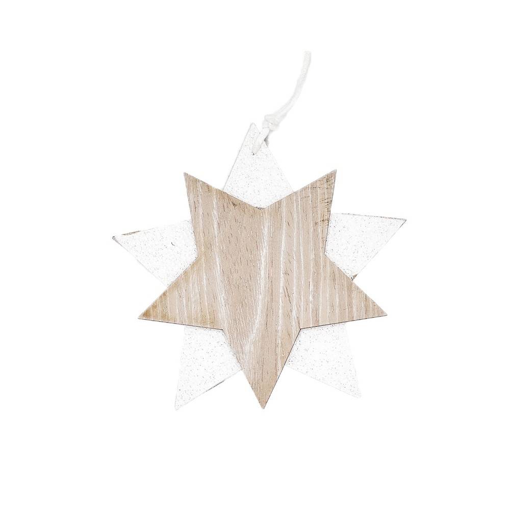 A layered star ornament with a wooden center and glittery white outer points.