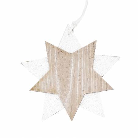 A layered star ornament with a wooden center and glittery white outer points.