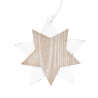 Houten ster in natuurlijke tinten, omlijst door een glanzende witte ster. Elegant en feestelijk.