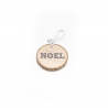 A round wooden tag with the word "NOEL" printed in bold letters, attached by a twine loop.