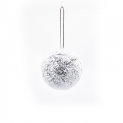 A fluffy gray pom-pom with a hanging loop against a plain white background.